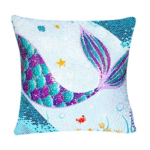 Book Cover WERNNSAI Sequins Mermaid Pillow Cases - 16 x 16 Inch Set of 2 Blue Mermaid Decorative Cushion Covers Birthday Xmas Gift Throw Pillow Covers for Sofa Chair Bed Car(NO Pillow Inserts)