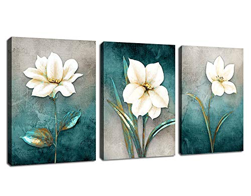 Flower Canvas Wall Art Cream White Floral Wall Decor Turquoise Tealish Grey Background Canvas Picture Modern Rustic Artwork Bathroom Bedroom Living Room Home Office Decoration 12" x 16" x 3 Pieces