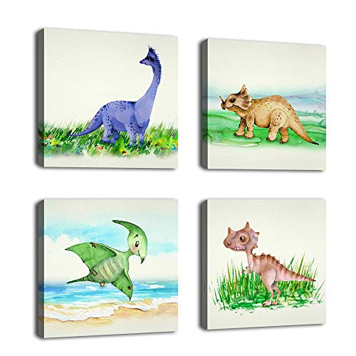 yearainn Dinosaur Wall Art Framed Canvas Wall Art Nursery Canvas Pictures Children Bedroom Wall Decor Modern Animal Canvas Artwork 12" x 12" x 4 Pieces