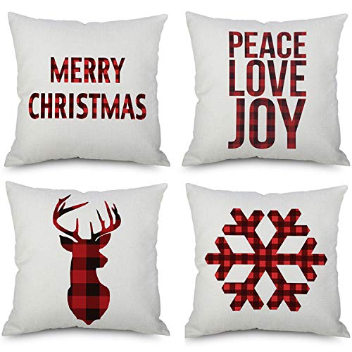 Book Cover Kaitse Christmas Pillow Covers 4 Pack, Merry Christmas and Deer, Snowflake, Joy Peace Love Decorations, Cotton Linen Winter Pillow Covers New Year Decor Throw Cushion Case 18