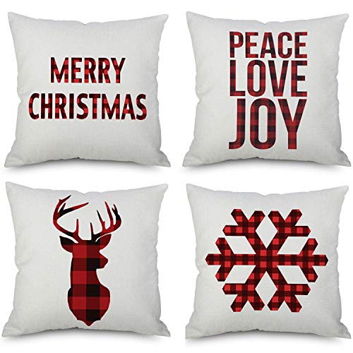 Kaitse Christmas Pillow Covers 4 Pack, Merry Christmas and Deer, Snowflake, Joy Peace Love Decorations, Cotton Linen Winter Pillow Covers New Year Decor Throw Cushion Case 18" X 18"