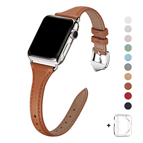Book Cover WFEAGL Leather Bands Compatible with Apple Watch 38mm 40mm 42mm 44mm, Top Grain Leather Band Slim & Thin Wristband for iWatch Series 5 & Series 4/3/2/1 (Brown Band+Silver Adapter, 38mm 40mm)
