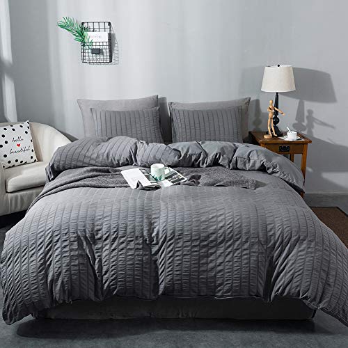 Book Cover AveLom Seersucker Duvet Cover Set King Size (104 x 90 inches), 3 Pieces (1 Duvet Cover + 2 Pillow Cases), Dark Gray Ultra Soft Washed Microfiber, Textured Duvet Cover with Zipper Closure, Corner Ties