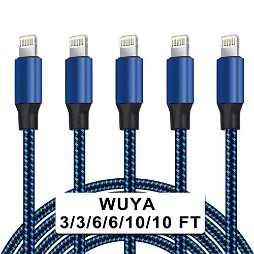 Book Cover WUYA iPhone Charger, MFi Certified Lightning Cable 5 Pack (3/3/6/6/10FT) Nylon Woven with Metal Connector Compatible iPhone 11 Xs Max X 8 7 6S Plus