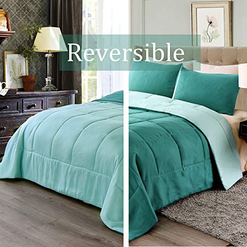 Exclusivo Mezcla Lightweight Reversible 2-Piece Comforter Set for All Seasons, Down Alternative Comforter with 1 Pillow Shame, Twin Size, Teal Green