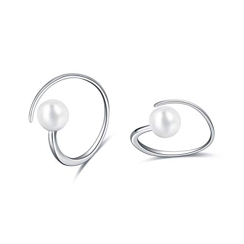 925 Sterling Silver Pearl Spiral Hoop Earrings Pull Through Small Hoop Earring for Women Jewelry Christmas Gifts