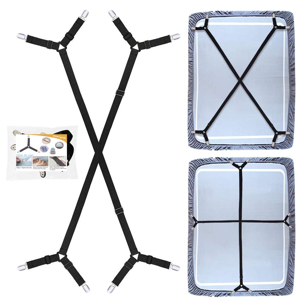Book Cover QoeCycth Bed Sheet Holder Straps, 2Pcs Adjustable Crisscross Fitted Sheet Band Straps Grippers Suspenders,Triangle Elastic Mattress Cover Holder Fasteners for All Bed Sheets, Mattress Covers Black