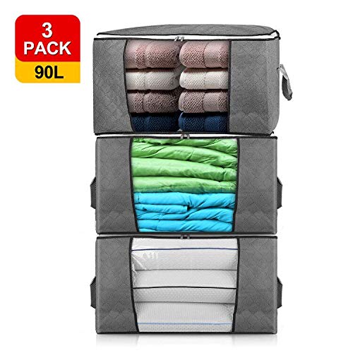 Book Cover ZAMAT 3 Pack, 90L Large Capacity Storage Bag Organizer, Foldable Clothes Storage Containers with Reinforced Handle, Breathable Closet Organizer with Sturdy Zippers for Comforters, Blankets, Bedding