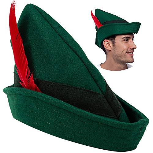 Spooktacular Creations Felt Robin Hood Hats with Feather, Alpine Hat Party Costume, Peter Pan Hat, German Hat, Green Tyrolean Hat Halloween Dress Up Party Favor, One Size Fits all for Adult