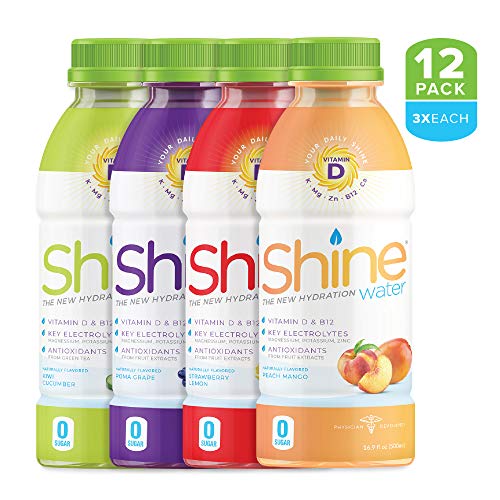 Shine Water "The New Hydration" Vitamin D + Electrolyte + Antioxidant Water, Zero Sugar, Naturally Flavored, Made in The USA! 16.9oz. BPA Free Bottle (12 Pack) (VARIETY PACK)