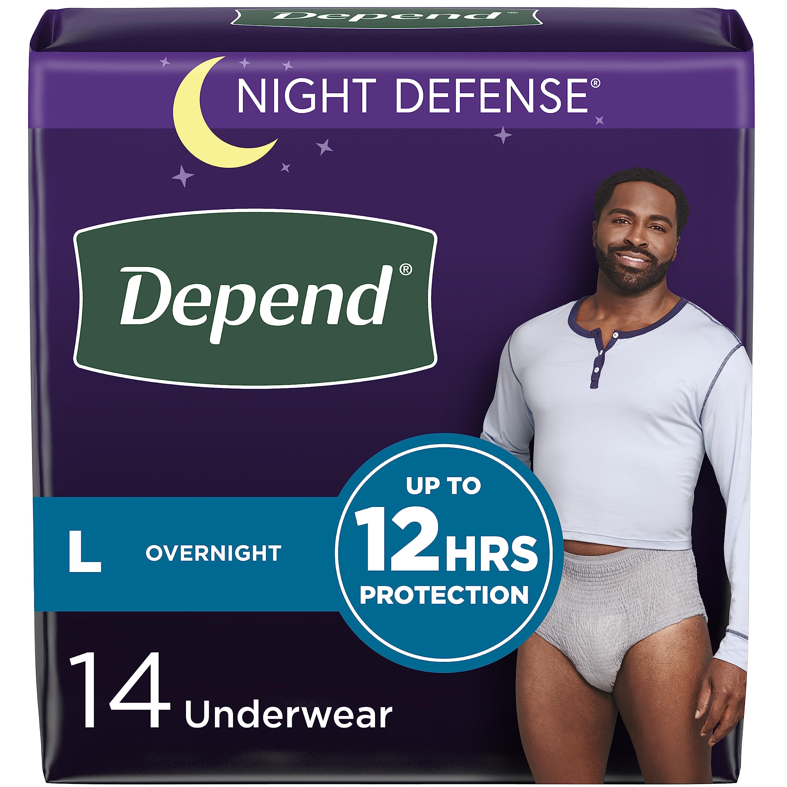 Book Cover Depend Night Defense Adult Incontinence Underwear for Men, Disposable, Overnight, Large, Grey, 14 Count, Packaging May Vary Large (14 Count)