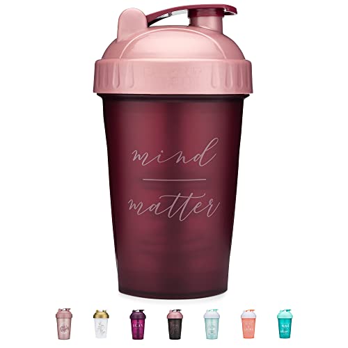 20-Ounce Shaker Bottle with Action-Rod Mixer | Shaker Cups with Motivational Quotes | Protein Shaker Bottle is BPA Free and Dishwasher Safe | Mind Over Matter - Maroon/Rose - 20oz