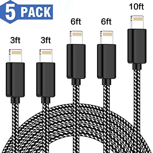 Book Cover 5 Pack [3/3/6/6/10FT] MFi Certified iPhone Charger Lightning Cable Extra Long Nylon Braided USB Charging & Syncing Cord Compatible iPhone Xs/Max/XR/X/8/8Plus/7/7Plus/6S Plus/SE/iPad/Nan More