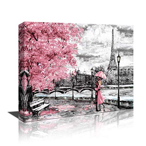 Bedroom Decor Wall Art Black White and Pink Umbrella Couple in Street Eiffel Tower Decor Pictures for Bedroom Printed on Canvas Romantic Picture Framed Artwork Prints for Walls Decor