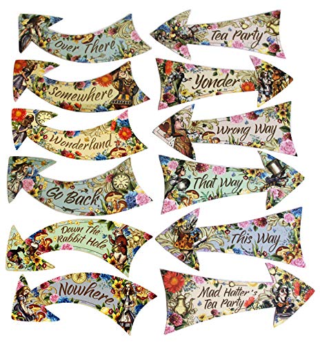 ASVP Shop Alice in Wonderland Party Vintage Style Arrow Signs / Mad Hatters Tea Party Props Pack of 12 Signs