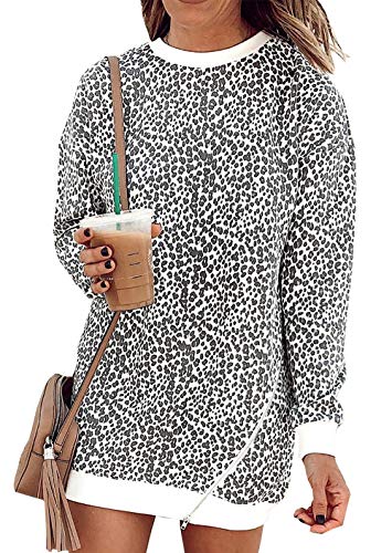 Book Cover BTFBM Women Trendy Leopard Print Relaxed Fit Long T Shirt Tunic Zipper Casual Lightweight Sweatshirts Dress