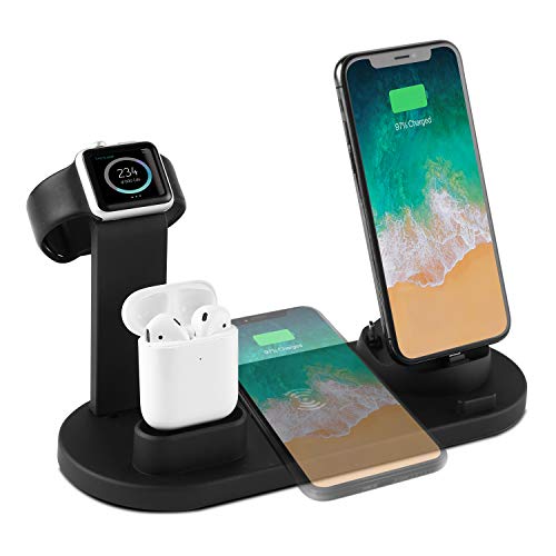 Cofuture-Wireless-Charger-Stand, 4 in 1 Charging Station for Apple Watch and Airpods Qi Fast Wireless Charger for iPhone 11/X/XS/XR/8, Charging Dock with Three Interfaces for Samsung Galaxy S10/S9/S8