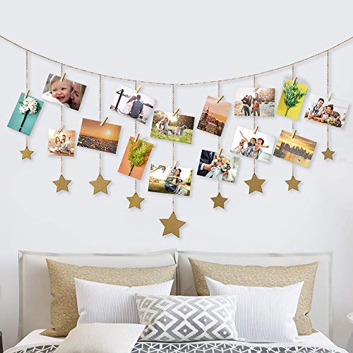 Book Cover Retr Photo Display Wood Stars Garland Chains for Dorm Decor ,Hanging Picture Frame Collage with 30 Wood Clips, Wall Art Decoration for Home Office Nursery Room Dorm Living Room Bedroom (Gold)