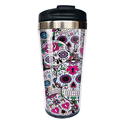 Hasdon-Hill Sugar Skull Floral Travel Mug for Women Men, Stainless Steel Tumbler for Birthday Christmas Gift 12 Oz