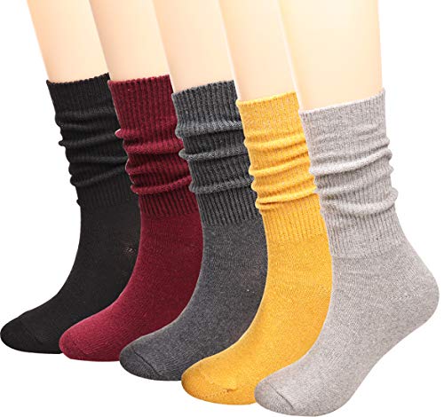 Book Cover 5 Pairs Womens Crew Socks All Season Soft Slouch Knit Cotton Socks Solid Color,5-10 W81