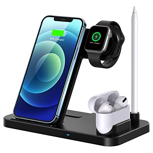 Wireless Charger, 4 in 1 Fast Wireless Charging Station Compatible with Apple Watch Airpods Pro iPhone 12/12 Pro/11/11 Pro/8/X, Wireless Charging Stand Compatible with Samsung