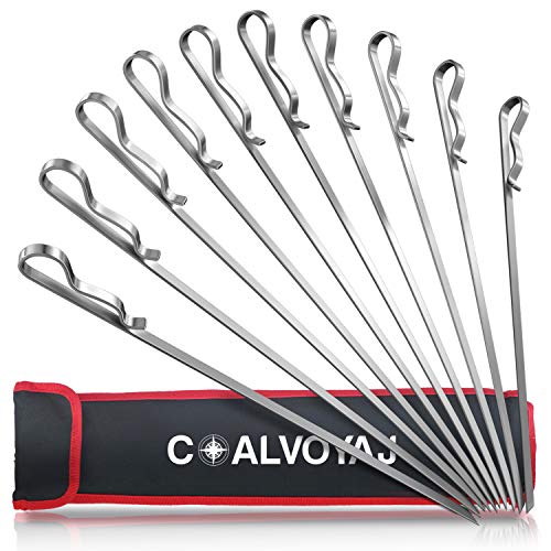Book Cover COALVOYAJ 17 Inch Metal Skewers for Grilling and BBQ â€“ Pack of 10 Stainless Steel Kabob Skewers with Storage Bag