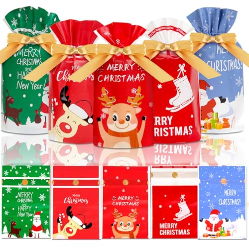 50 Pcs Christmas candy bag Christmas treat bags Candy Goodies Plastic Drawstring Gift Bags Merry Christmas Treat Bags for Birthday Party Snack Wrapping Wedding Gift Party Favor Merry X-mas
