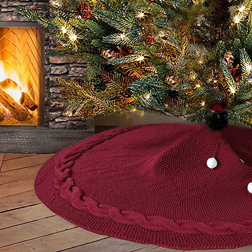 Didihou Christmas Tree Skirt, 48 inches Red Knitted Tree Skirt for Christmas Decorations Rustic Xmas Tree Skirts Holiday Decoration, Burgundy