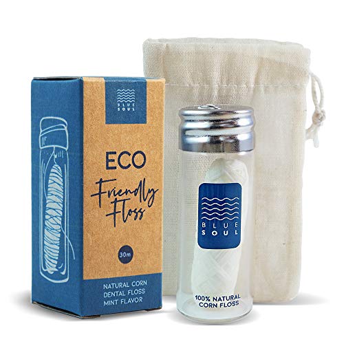 Vegan Biodegradable Corn Dental Floss | Reusable, Refillable Glass Holder, Travel Size Bag | Natural, Mint Waxed Oral Care For Healthy Teeth, Tungs, Gums | Eco Friendly Earth Smart 33yard