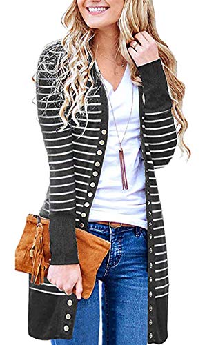 CinShein Women's Striped Cardigan Button Down Knitwear Striped Long Sleeve Knit Ribbed Neckline Sweater Coat Dark Grey M