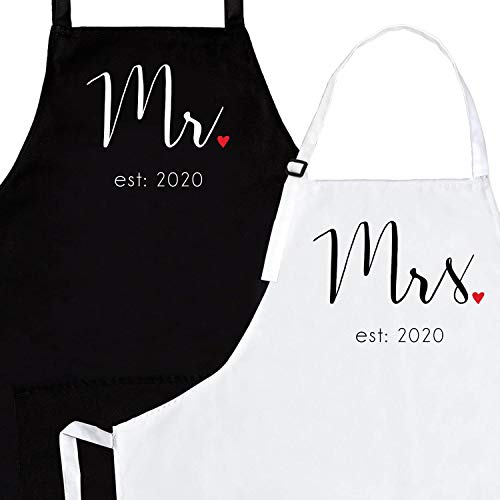 Mr Mrs Established 2020 Mr And Mrs Aprons - Wedding Gifts For The Couple | Engagement Gifts For The Couples Gifts For Him And Her | His And Hers Funny Apron | Bridal Shower Gifts - By Prazoli