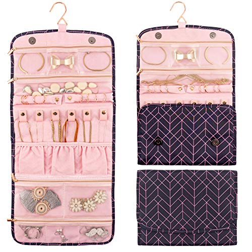 Travel Jewelry Organizer Foldable Hanging - Compact Portable Case Holder with Hanger for Rings Necklaces Bracelets Earrings Roll Display Bag Carrier for Daily Accessories for Journey Travel Women Gift