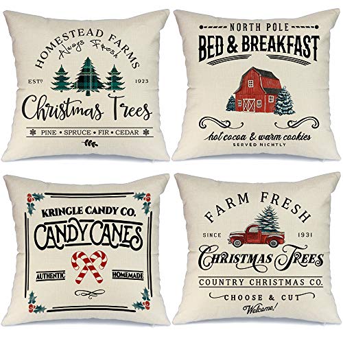 AENEY Christmas Decorations Pillow Covers 18x18 Set of 4, Farm Fresh Tree Red Truck Rustic Winter Holiday Throw Pillows Farmhouse Christmas Decor for Home, Xmas Cushion Cases for Sofa Couch A282