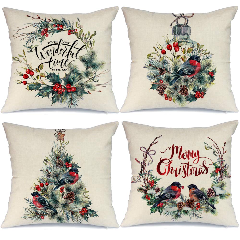 Book Cover AENEY Christmas Decorations Pillow Covers 18x18 Set of 4 Watercolor Wreath Bird Merry Christmas Pillows Rustic Winter Holiday Throw Xmas Pillows Farmhouse Christmas Decor for Couch A280