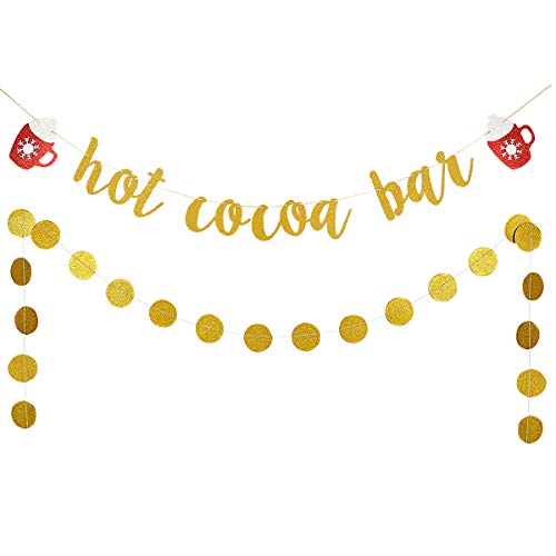 Gold Glittery Hot Cocoa Bar Banner and Gold Glittery Circle Dots Garland- Christmas Party Decorations,Cocoa Bar Banner,Holiday Party Banner Decor