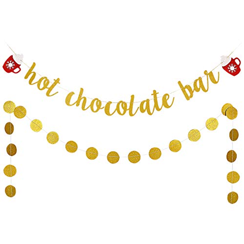 Hot Chocolate Bar Banner Gold Glitter Hot Chocolate Bar Sign Christmas Decorations for Wintertime Holiday Christmas Party New Year Party Decorations