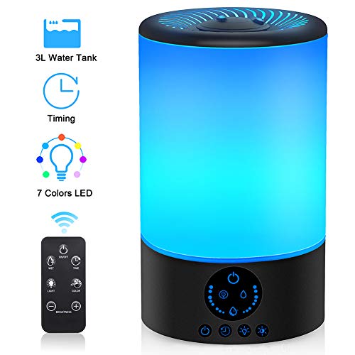 Book Cover Cool Mist Humidifier, 3L Top Fill Ultrasonic Humidifier for Bedroom with 7 Colors Night Light and Remote Control, Adjustable Mist Levels, Optional Timer, 6 Dimmer, Super Quiet Operation (Black)