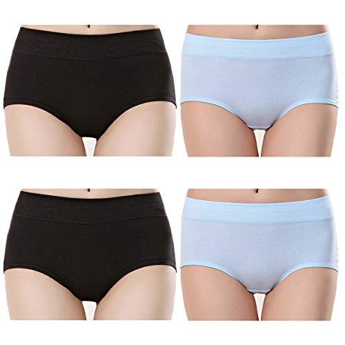 Tunalt Fitness Women's Soft Cotton Briefs Underwear Breathable Middle Waist Panties(Black,Blue)