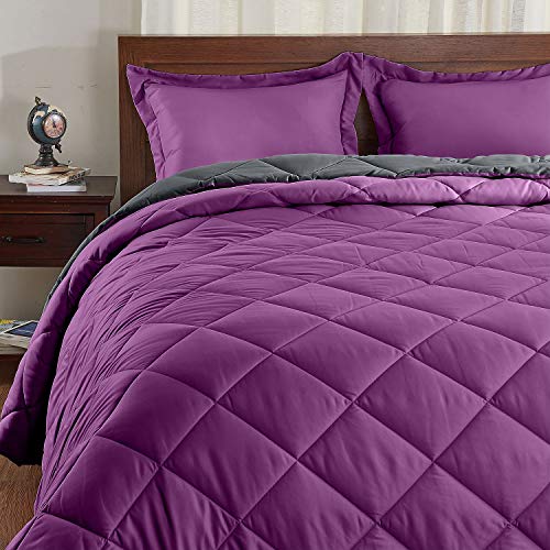 Book Cover Basic Beyond Down Alternative Dark Grey/PurpleComforter Set Queen - Reversible Bed Comforter with 2 Pillow Shams for All Seasons
