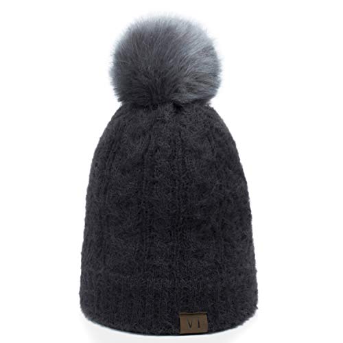 ViGrace Womens Winter Hat Slouchy Warm Beanie Hats Faux Fur Pompom Chunky Baggy Ski Cap with Fleece Lined for Women