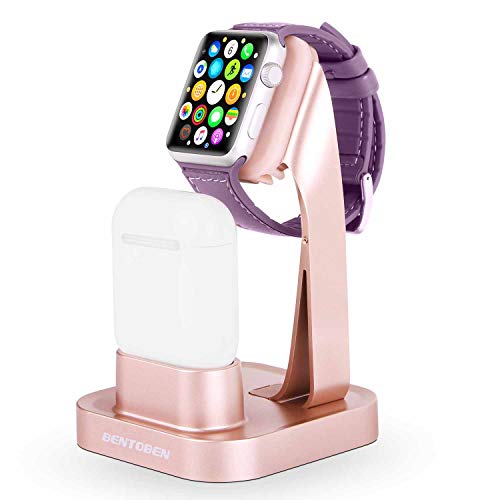 Book Cover BENTOBEN 2 in 1 Charging Stand for Apple Watch Series 5/Series 4/Series 3/2/1, Update Design Charging Dock for AirPods 2/1,Portable Desk Stand for iWatch 38mm/40mm/42mm/44mm Night Stand Mode,Rose Gold