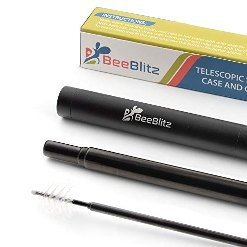 Collapsible Reusable Metal Straws with Case - Sleek Black Portable Metal Travel Straw with Case and Cleaning Brush by BeeBlitz (Black)