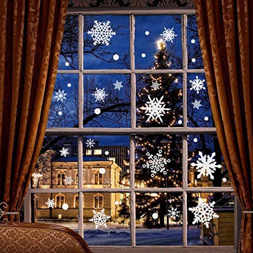 Book Cover BaiYunPOY 90-Pcs Christmas Window Clings Snowflake Decorations - Reusable Wall Stickers for Xmas Holiday Winter Wonderland White Decals Ornaments Holiday Party Supplies