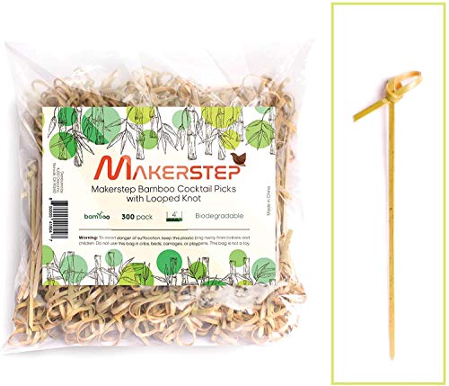 Book Cover Makerstep Bamboo 4.1 inch Cocktail Picks, 300 Pack with Looped Knot, Natural Biodegradable Long Disposable Wood Toothpicks Skewers, Safe Natural Resource