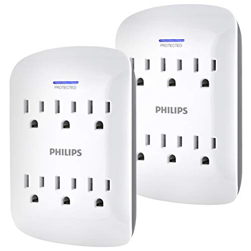 Book Cover PHILIPS 6-Outlet Surge Protector Tap, 2 Pack, 900 Joules, Space Saving Design, Protection Indicator LED Light, White, SPP3466WA/37