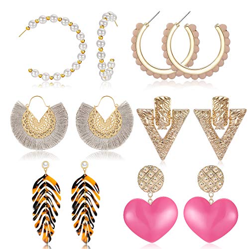 Set of 6 Fashion Jewelry Cute Boho Baroque Bohemian Large Long Geometric Tassel Drop Resin Acrylic Statement Leopard Hoop Stud Earrings for Women Girls (Style 1)