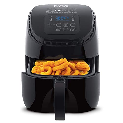 NUWAVE BRIO 3-Quart Digital Air Fryer includes Nuwave Cooking Club App, one-touch digital controls, 6 easy presets, precise temperature control, recipe book, wattage control, and advanced functions like PREHEAT, REHEAT more