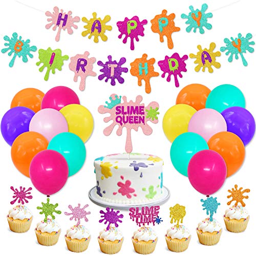 Slime Birthday Party Decorations Kit Slime Theme Party Cupcake Toppers Slime Birthday Banner Slime Queen Cake Topper Colorful Balloons for Art Theme Party Kid Painting birthday Party Supplies