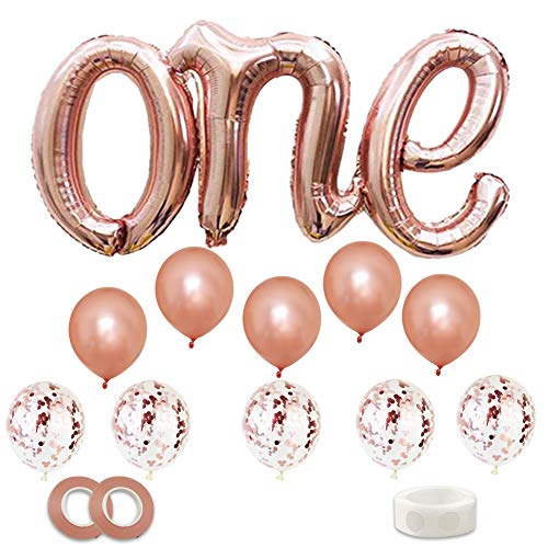 Rose Gold ONE Balloons Banner, Foil Mylar Balloon for 1st Birthday Party,Baby Shower,Wedding,Engagement,Anniversary Party - Extra Pack of 10 Latex Balloons(Rose Gold, Confetti)& String