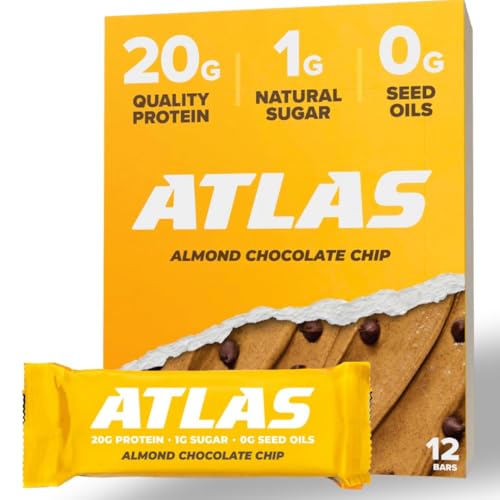 Atlas Protein Bar, 20g Protein, 1g Sugar, Clean Ingredients, Gluten Free (Almond Chocolate Chip, 12 Count (Pack of 1))